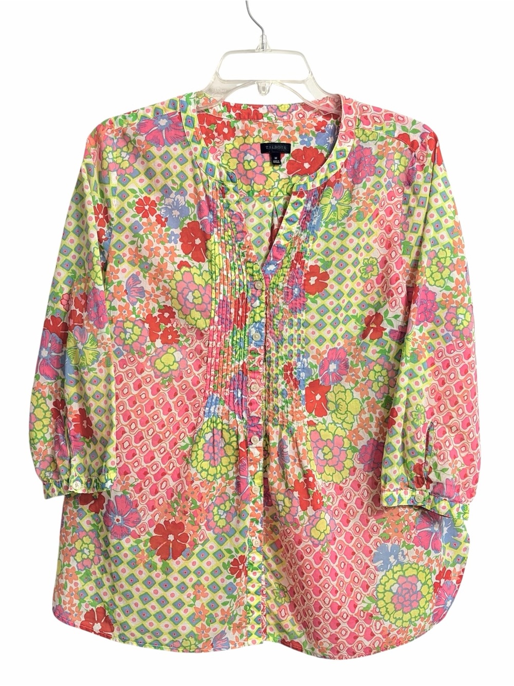 Talbots Floral Geometric Patchwork Blouse Womens M Bright Multicolor Button Up